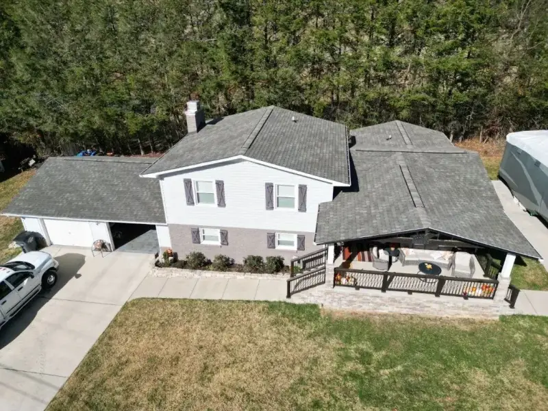 Aerial view of a completed roof installation in the Colonial Heights neighborhood of Kingsport, Tennessee.