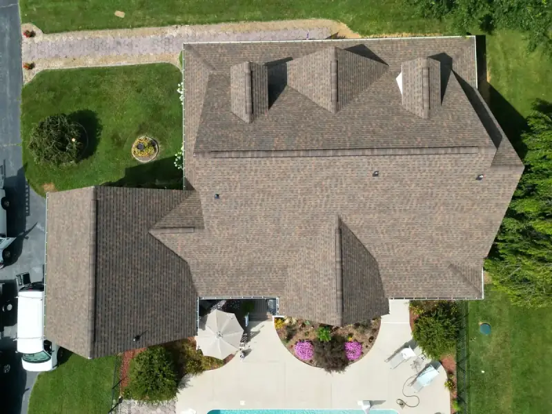Drone aerial of a completed roof installation in the Tri-Cities, Tennessee.
